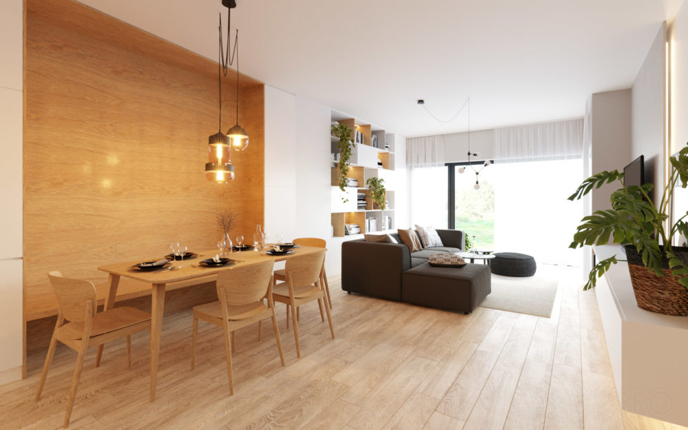 Interiér obývacího pokoje s kuchyní v bytě v projektu Modřanský Háj